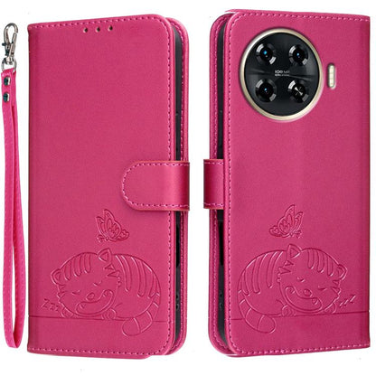 Cat Butterfly Embossed RFID Vegan Leather Phone Case with Strap, For Tecno Pova 7 4G, For Tecno Spark Go 2025 / Infinix Hot 60i, For Tecno Spark 10 Pro Magic, For Tecno Camon 30 Premier 5G, For Tecno Spark 20 Pro+, For Tecno Spark 20 Pro / Infinix Hot ...