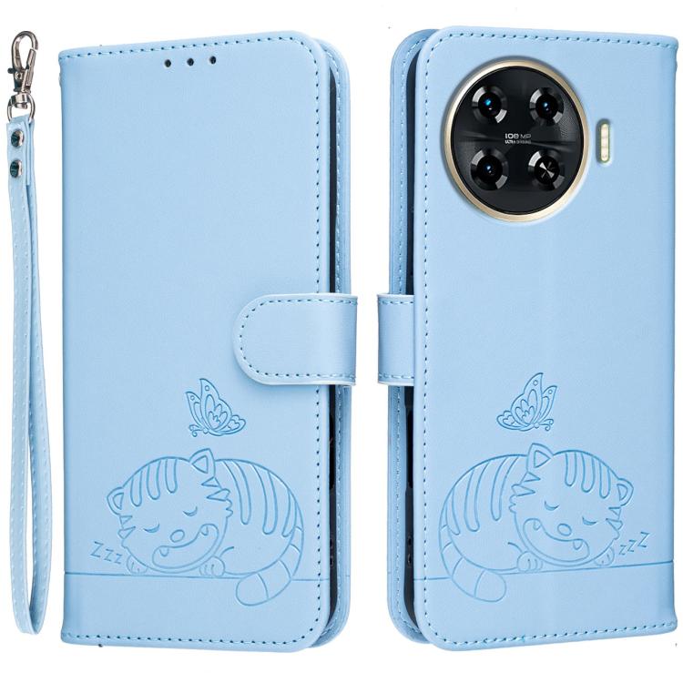 Cat Butterfly Embossed RFID Vegan Leather Phone Case with Strap, For Tecno Pova 7 4G, For Tecno Spark Go 2025 / Infinix Hot 60i, For Tecno Spark 10 Pro Magic, For Tecno Camon 30 Premier 5G, For Tecno Spark 20 Pro+, For Tecno Spark 20 Pro / Infinix Hot ...