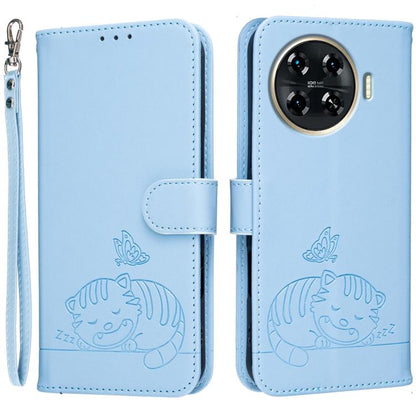 Cat Butterfly Embossed RFID Vegan Leather Phone Case with Strap, For Tecno Pova 7 4G, For Tecno Spark Go 2025 / Infinix Hot 60i, For Tecno Spark 10 Pro Magic, For Tecno Camon 30 Premier 5G, For Tecno Spark 20 Pro+, For Tecno Spark 20 Pro / Infinix Hot ...