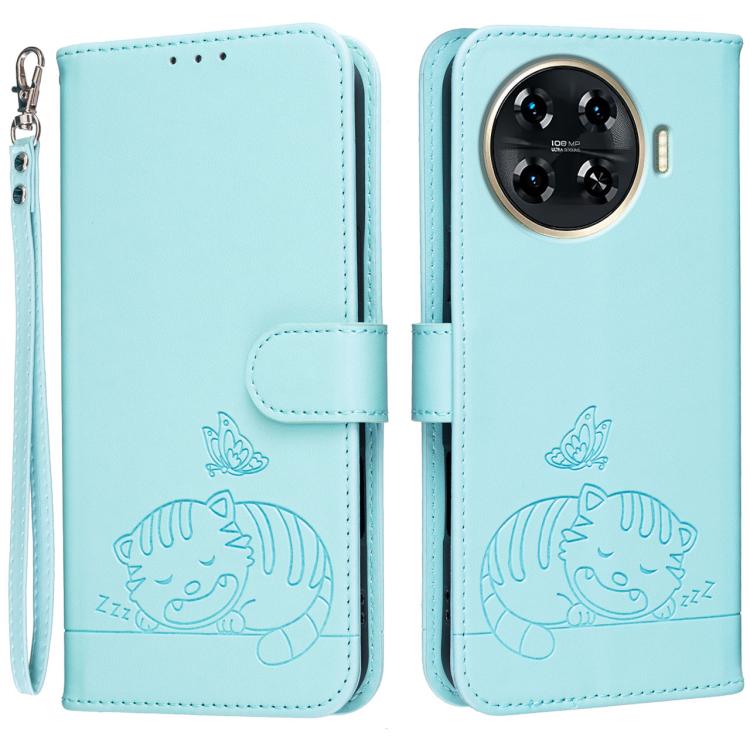 Cat Butterfly Embossed RFID Vegan Leather Phone Case with Strap, For Tecno Pova 7 4G, For Tecno Spark Go 2025 / Infinix Hot 60i, For Tecno Spark 10 Pro Magic, For Tecno Camon 30 Premier 5G, For Tecno Spark 20 Pro+, For Tecno Spark 20 Pro / Infinix Hot ...