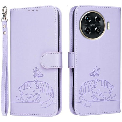 Cat Butterfly Embossed RFID Vegan Leather Phone Case with Strap, For Tecno Pova 7 4G, For Tecno Spark Go 2025 / Infinix Hot 60i, For Tecno Spark 10 Pro Magic, For Tecno Camon 30 Premier 5G, For Tecno Spark 20 Pro+, For Tecno Spark 20 Pro / Infinix Hot ...