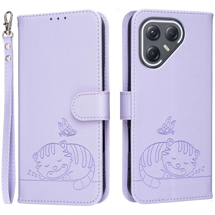 Cat Butterfly Embossed RFID Vegan Leather Phone Case with Strap, For Tecno Pova Curve 2 5G, For Tecno Spark 50 4G, For Tecno Camon 50 Pro 4G, For Tecno Camon 50 4G, For Tecno Pova Slim / Spark Slim 5G, For Tecno Spark 40C, For Tecno Pova 7 Pro 5G      ...