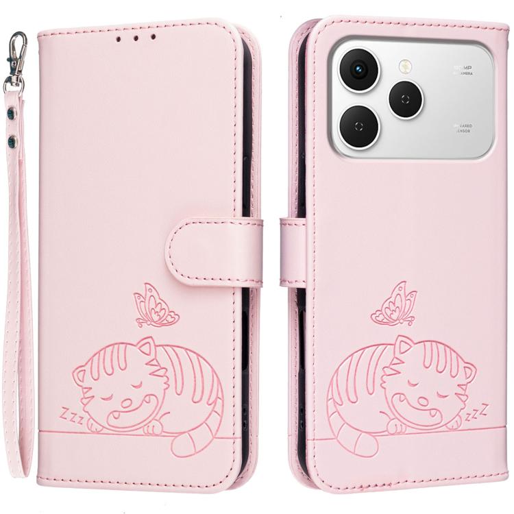 Cat Butterfly Embossed RFID Vegan Leather Phone Case with Strap, For Tecno Pova Curve 2 5G, For Tecno Spark 50 4G, For Tecno Camon 50 Pro 4G, For Tecno Camon 50 4G, For Tecno Pova Slim / Spark Slim 5G, For Tecno Spark 40C, For Tecno Pova 7 Pro 5G      ...