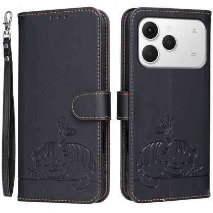 Cat Butterfly Embossed RFID Vegan Leather Phone Case with Strap, For Tecno Pova Curve 2 5G, For Tecno Spark 50 4G, For Tecno Camon 50 Pro 4G, For Tecno Camon 50 4G, For Tecno Pova Slim / Spark Slim 5G, For Tecno Spark 40C, For Tecno Pova 7 Pro 5G      ...