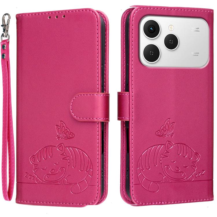 Cat Butterfly Embossed RFID Vegan Leather Phone Case with Strap, For Tecno Pova Curve 2 5G, For Tecno Spark 50 4G, For Tecno Camon 50 Pro 4G, For Tecno Camon 50 4G, For Tecno Pova Slim / Spark Slim 5G, For Tecno Spark 40C, For Tecno Pova 7 Pro 5G      ...