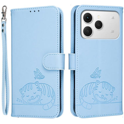 Cat Butterfly Embossed RFID Vegan Leather Phone Case with Strap, For Tecno Pova Curve 2 5G, For Tecno Spark 50 4G, For Tecno Camon 50 Pro 4G, For Tecno Camon 50 4G, For Tecno Pova Slim / Spark Slim 5G, For Tecno Spark 40C, For Tecno Pova 7 Pro 5G      ...