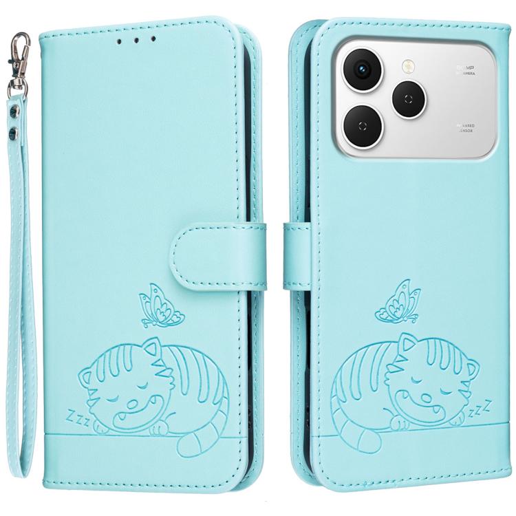 Cat Butterfly Embossed RFID Vegan Leather Phone Case with Strap, For Tecno Pova Curve 2 5G, For Tecno Spark 50 4G, For Tecno Camon 50 Pro 4G, For Tecno Camon 50 4G, For Tecno Pova Slim / Spark Slim 5G, For Tecno Spark 40C, For Tecno Pova 7 Pro 5G      ...