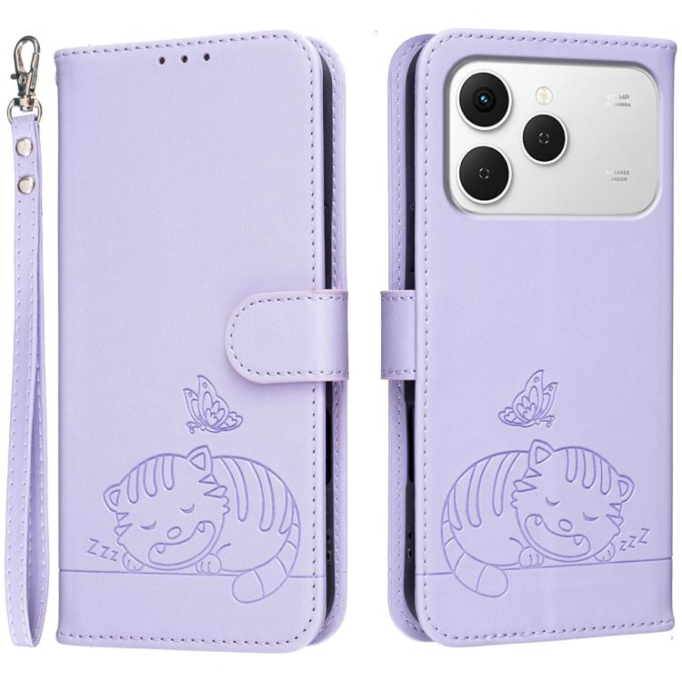 Cat Butterfly Embossed RFID Vegan Leather Phone Case with Strap, For Tecno Pova Curve 2 5G, For Tecno Spark 50 4G, For Tecno Camon 50 Pro 4G, For Tecno Camon 50 4G, For Tecno Pova Slim / Spark Slim 5G, For Tecno Spark 40C, For Tecno Pova 7 Pro 5G      ...