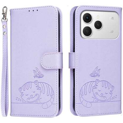 Cat Butterfly Embossed RFID Vegan Leather Phone Case with Strap, For Tecno Pova Curve 2 5G, For Tecno Spark 50 4G, For Tecno Camon 50 Pro 4G, For Tecno Camon 50 4G, For Tecno Pova Slim / Spark Slim 5G, For Tecno Spark 40C, For Tecno Pova 7 Pro 5G      ...