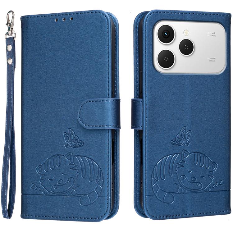 Cat Butterfly Embossed RFID Vegan Leather Phone Case with Strap, For Tecno Pova Curve 2 5G, For Tecno Spark 50 4G, For Tecno Camon 50 Pro 4G, For Tecno Camon 50 4G, For Tecno Pova Slim / Spark Slim 5G, For Tecno Spark 40C, For Tecno Pova 7 Pro 5G      ...