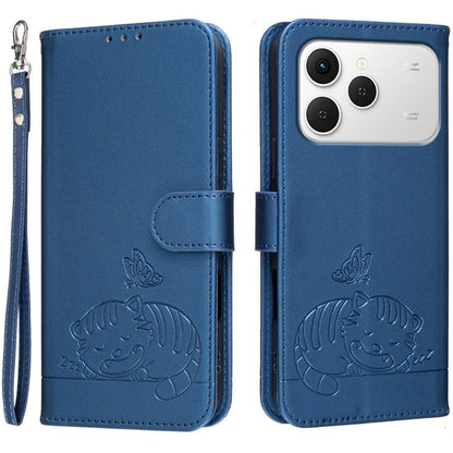 Cat Butterfly Embossed RFID Vegan Leather Phone Case with Strap, For Tecno Pova Curve 2 5G, For Tecno Spark 50 4G, For Tecno Camon 50 Pro 4G, For Tecno Camon 50 4G, For Tecno Pova Slim / Spark Slim 5G, For Tecno Spark 40C, For Tecno Pova 7 Pro 5G      ...