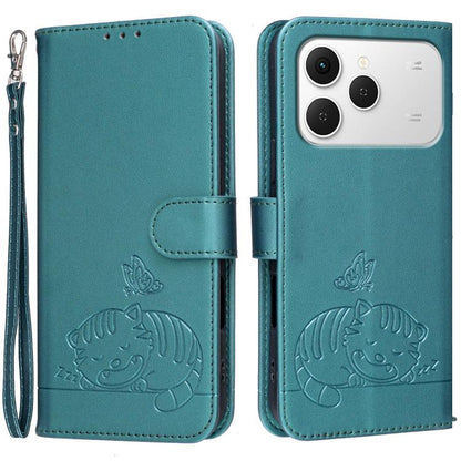 Cat Butterfly Embossed RFID Vegan Leather Phone Case with Strap, For Tecno Pova Curve 2 5G, For Tecno Spark 50 4G, For Tecno Camon 50 Pro 4G, For Tecno Camon 50 4G, For Tecno Pova Slim / Spark Slim 5G, For Tecno Spark 40C, For Tecno Pova 7 Pro 5G      ...