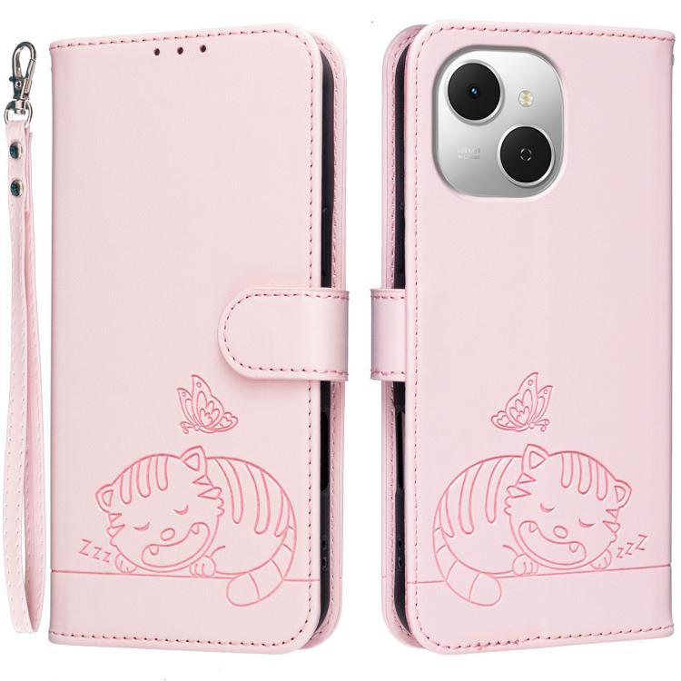 Cat Butterfly Embossed RFID Vegan Leather Phone Case with Strap, For Tecno Pova Curve 2 5G, For Tecno Spark 50 4G, For Tecno Camon 50 Pro 4G, For Tecno Camon 50 4G, For Tecno Pova Slim / Spark Slim 5G, For Tecno Spark 40C, For Tecno Pova 7 Pro 5G      ...