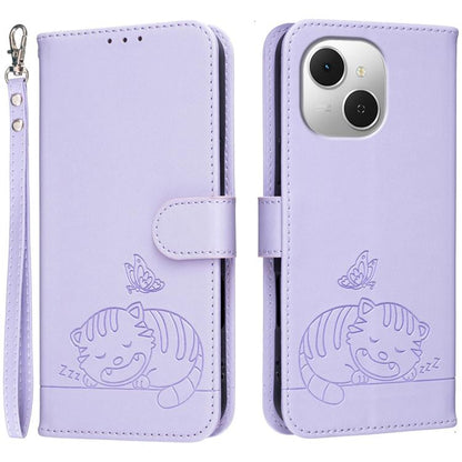 Cat Butterfly Embossed RFID Vegan Leather Phone Case with Strap, For Tecno Pova Curve 2 5G, For Tecno Spark 50 4G, For Tecno Camon 50 Pro 4G, For Tecno Camon 50 4G, For Tecno Pova Slim / Spark Slim 5G, For Tecno Spark 40C, For Tecno Pova 7 Pro 5G      ...