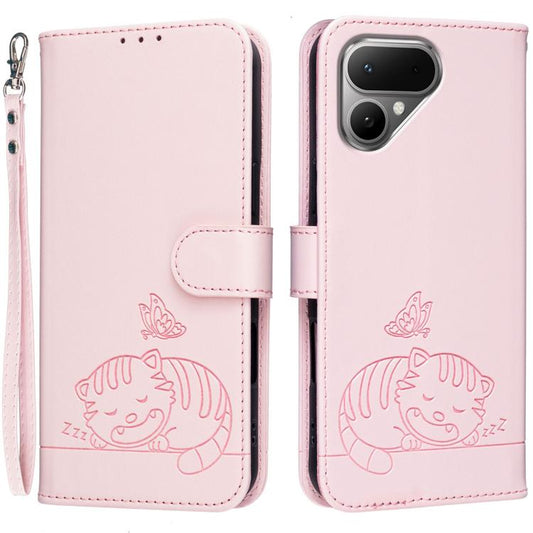 Cat Butterfly Embossed RFID Vegan Leather Phone Case with Strap, For Tecno Pova Curve 2 5G, For Tecno Spark 50 4G, For Tecno Camon 50 Pro 4G, For Tecno Camon 50 4G, For Tecno Pova Slim / Spark Slim 5G, For Tecno Spark 40C, For Tecno Pova 7 Pro 5G