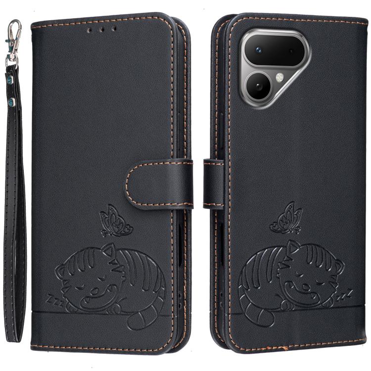 Cat Butterfly Embossed RFID Vegan Leather Phone Case with Strap, For Tecno Pova Curve 2 5G, For Tecno Spark 50 4G, For Tecno Camon 50 Pro 4G, For Tecno Camon 50 4G, For Tecno Pova Slim / Spark Slim 5G, For Tecno Spark 40C, For Tecno Pova 7 Pro 5G      ...