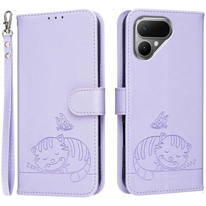 Cat Butterfly Embossed RFID Vegan Leather Phone Case with Strap, For Tecno Pova Curve 2 5G, For Tecno Spark 50 4G, For Tecno Camon 50 Pro 4G, For Tecno Camon 50 4G, For Tecno Pova Slim / Spark Slim 5G, For Tecno Spark 40C, For Tecno Pova 7 Pro 5G      ...