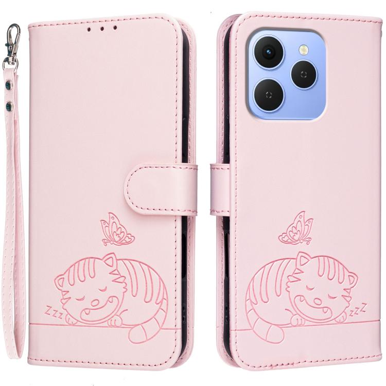 Cat Butterfly Embossed RFID Vegan Leather Phone Case with Strap, For Tecno Pova Curve 2 5G, For Tecno Spark 50 4G, For Tecno Camon 50 Pro 4G, For Tecno Camon 50 4G, For Tecno Pova Slim / Spark Slim 5G, For Tecno Spark 40C, For Tecno Pova 7 Pro 5G      ...