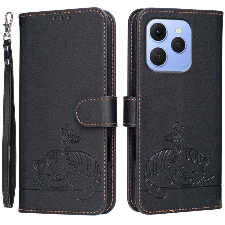 Cat Butterfly Embossed RFID Vegan Leather Phone Case with Strap, For Tecno Pova Curve 2 5G, For Tecno Spark 50 4G, For Tecno Camon 50 Pro 4G, For Tecno Camon 50 4G, For Tecno Pova Slim / Spark Slim 5G, For Tecno Spark 40C, For Tecno Pova 7 Pro 5G      ...