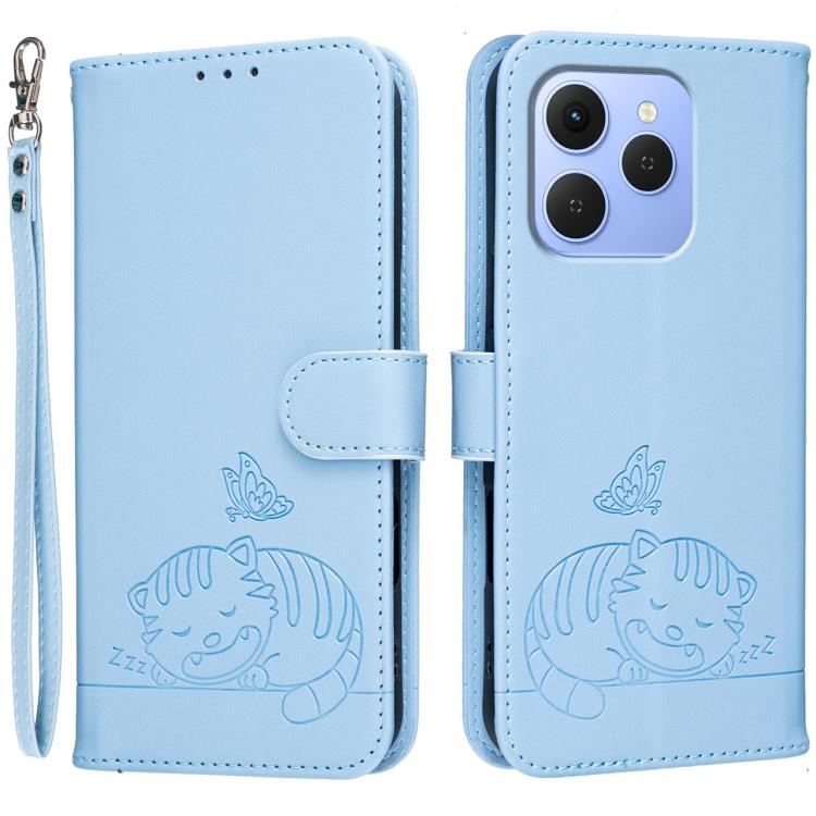 Cat Butterfly Embossed RFID Vegan Leather Phone Case with Strap, For Tecno Pova Curve 2 5G, For Tecno Spark 50 4G, For Tecno Camon 50 Pro 4G, For Tecno Camon 50 4G, For Tecno Pova Slim / Spark Slim 5G, For Tecno Spark 40C, For Tecno Pova 7 Pro 5G      ...