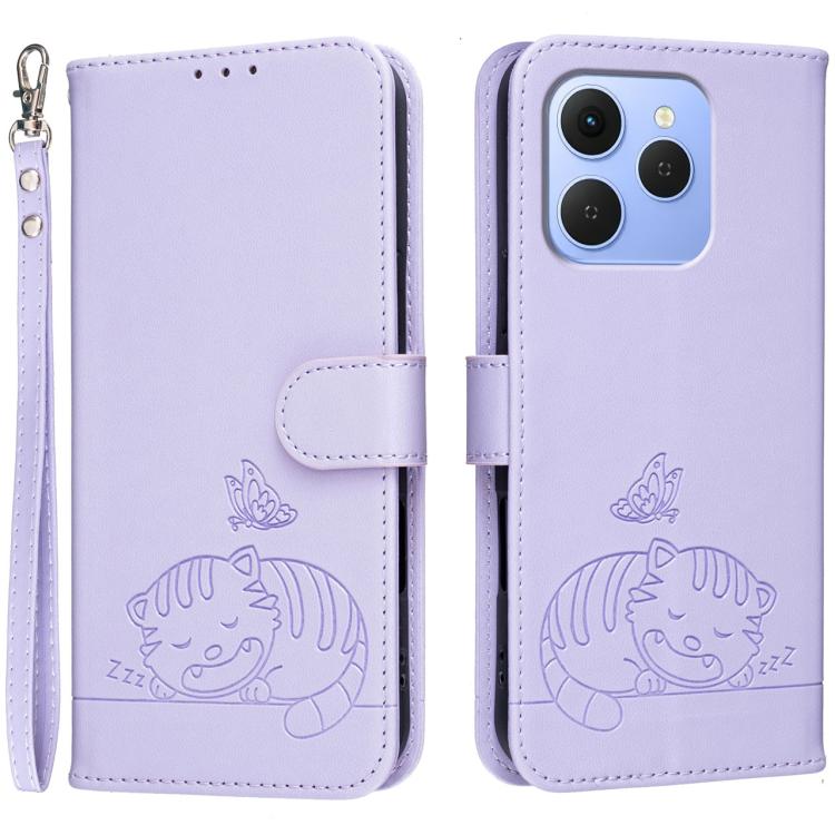 Cat Butterfly Embossed RFID Vegan Leather Phone Case with Strap, For Tecno Pova Curve 2 5G, For Tecno Spark 50 4G, For Tecno Camon 50 Pro 4G, For Tecno Camon 50 4G, For Tecno Pova Slim / Spark Slim 5G, For Tecno Spark 40C, For Tecno Pova 7 Pro 5G      ...