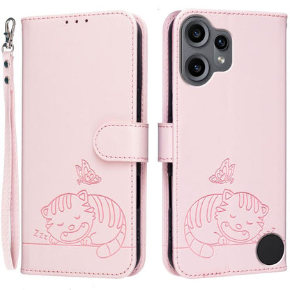 Cat Butterfly Embossed RFID Vegan Leather Phone Case with Strap, For Nothing Phone 4a Pro, For Nothing Phone 4a, For Nothing Phone 3a Lite, For Nothing Phone 3, For Nothing CMF Phone 2 Pro, For Nothing Phone 3a, For Nothing Phone 3a Pro