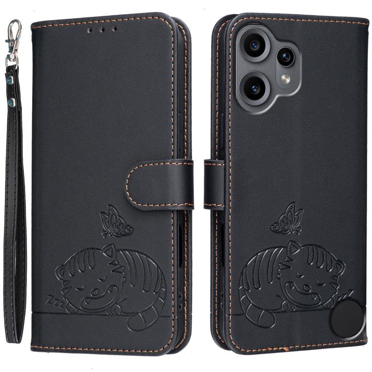 Cat Butterfly Embossed RFID Vegan Leather Phone Case with Strap, For Nothing Phone 4a Pro, For Nothing Phone 4a, For Nothing Phone 3a Lite, For Nothing Phone 3, For Nothing CMF Phone 2 Pro, For Nothing Phone 3a, For Nothing Phone 3a Pro