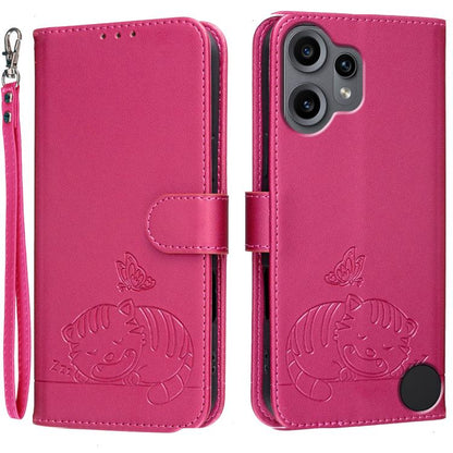 Cat Butterfly Embossed RFID Vegan Leather Phone Case with Strap, For Nothing Phone 4a Pro, For Nothing Phone 4a, For Nothing Phone 3a Lite, For Nothing Phone 3, For Nothing CMF Phone 2 Pro, For Nothing Phone 3a, For Nothing Phone 3a Pro