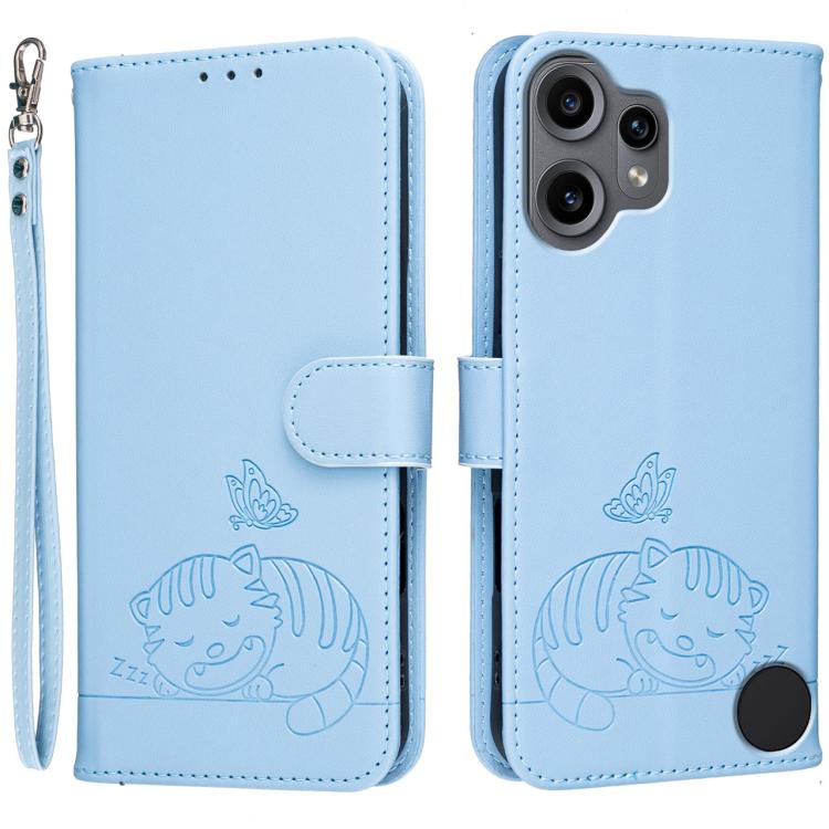Cat Butterfly Embossed RFID Vegan Leather Phone Case with Strap, For Nothing Phone 4a Pro, For Nothing Phone 4a, For Nothing Phone 3a Lite, For Nothing Phone 3, For Nothing CMF Phone 2 Pro, For Nothing Phone 3a, For Nothing Phone 3a Pro