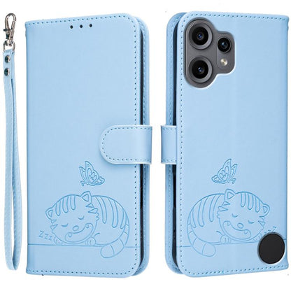 Cat Butterfly Embossed RFID Vegan Leather Phone Case with Strap, For Nothing Phone 4a Pro, For Nothing Phone 4a, For Nothing Phone 3a Lite, For Nothing Phone 3, For Nothing CMF Phone 2 Pro, For Nothing Phone 3a, For Nothing Phone 3a Pro