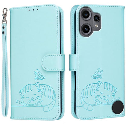 Cat Butterfly Embossed RFID Vegan Leather Phone Case with Strap, For Nothing Phone 4a Pro, For Nothing Phone 4a, For Nothing Phone 3a Lite, For Nothing Phone 3, For Nothing CMF Phone 2 Pro, For Nothing Phone 3a, For Nothing Phone 3a Pro