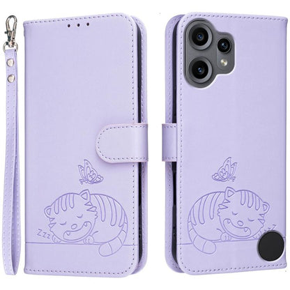 Cat Butterfly Embossed RFID Vegan Leather Phone Case with Strap, For Nothing Phone 4a Pro, For Nothing Phone 4a, For Nothing Phone 3a Lite, For Nothing Phone 3, For Nothing CMF Phone 2 Pro, For Nothing Phone 3a, For Nothing Phone 3a Pro