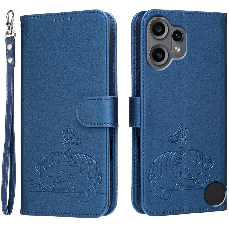 Cat Butterfly Embossed RFID Vegan Leather Phone Case with Strap, For Nothing Phone 4a Pro, For Nothing Phone 4a, For Nothing Phone 3a Lite, For Nothing Phone 3, For Nothing CMF Phone 2 Pro, For Nothing Phone 3a, For Nothing Phone 3a Pro