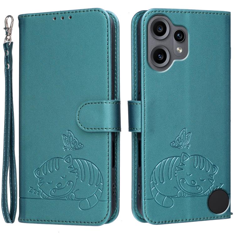 Cat Butterfly Embossed RFID Vegan Leather Phone Case with Strap, For Nothing Phone 4a Pro, For Nothing Phone 4a, For Nothing Phone 3a Lite, For Nothing Phone 3, For Nothing CMF Phone 2 Pro, For Nothing Phone 3a, For Nothing Phone 3a Pro