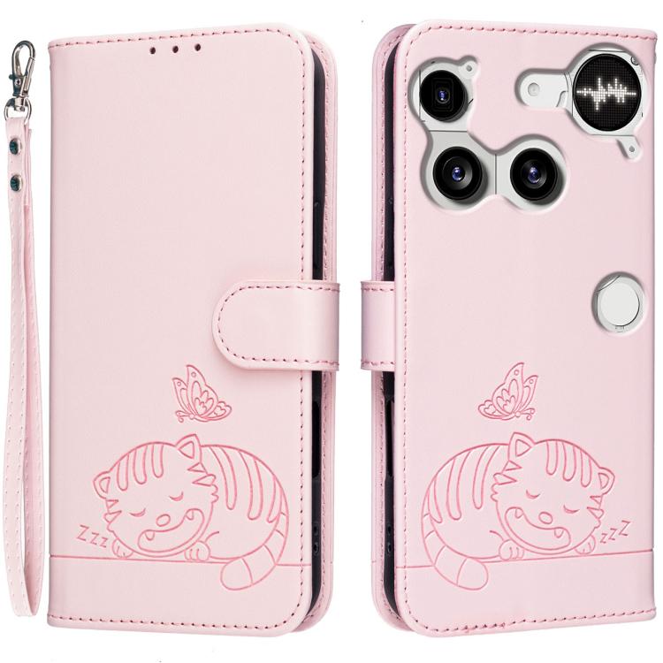 Cat Butterfly Embossed RFID Vegan Leather Phone Case with Strap, For Nothing Phone 4a Pro, For Nothing Phone 4a, For Nothing Phone 3a Lite, For Nothing Phone 3, For Nothing CMF Phone 2 Pro, For Nothing Phone 3a, For Nothing Phone 3a Pro