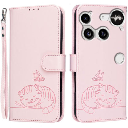 Cat Butterfly Embossed RFID Vegan Leather Phone Case with Strap, For Nothing Phone 4a Pro, For Nothing Phone 4a, For Nothing Phone 3a Lite, For Nothing Phone 3, For Nothing CMF Phone 2 Pro, For Nothing Phone 3a, For Nothing Phone 3a Pro
