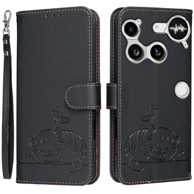 Cat Butterfly Embossed RFID Vegan Leather Phone Case with Strap, For Nothing Phone 4a Pro, For Nothing Phone 4a, For Nothing Phone 3a Lite, For Nothing Phone 3, For Nothing CMF Phone 2 Pro, For Nothing Phone 3a, For Nothing Phone 3a Pro