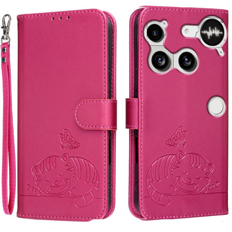 Cat Butterfly Embossed RFID Vegan Leather Phone Case with Strap, For Nothing Phone 4a Pro, For Nothing Phone 4a, For Nothing Phone 3a Lite, For Nothing Phone 3, For Nothing CMF Phone 2 Pro, For Nothing Phone 3a, For Nothing Phone 3a Pro