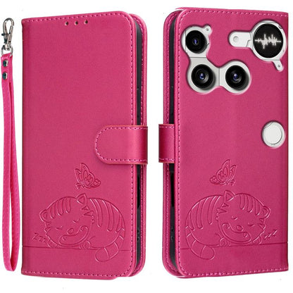 Cat Butterfly Embossed RFID Vegan Leather Phone Case with Strap, For Nothing Phone 4a Pro, For Nothing Phone 4a, For Nothing Phone 3a Lite, For Nothing Phone 3, For Nothing CMF Phone 2 Pro, For Nothing Phone 3a, For Nothing Phone 3a Pro