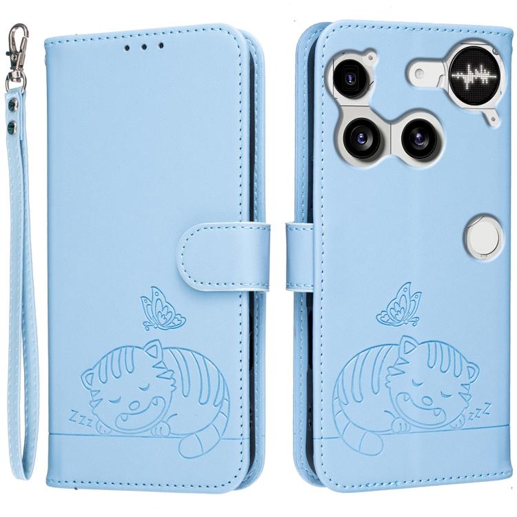 Cat Butterfly Embossed RFID Vegan Leather Phone Case with Strap, For Nothing Phone 4a Pro, For Nothing Phone 4a, For Nothing Phone 3a Lite, For Nothing Phone 3, For Nothing CMF Phone 2 Pro, For Nothing Phone 3a, For Nothing Phone 3a Pro