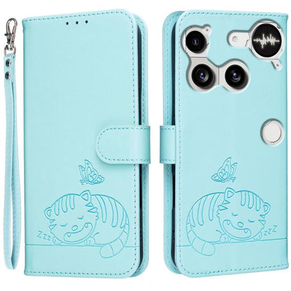 Cat Butterfly Embossed RFID Vegan Leather Phone Case with Strap, For Nothing Phone 4a Pro, For Nothing Phone 4a, For Nothing Phone 3a Lite, For Nothing Phone 3, For Nothing CMF Phone 2 Pro, For Nothing Phone 3a, For Nothing Phone 3a Pro
