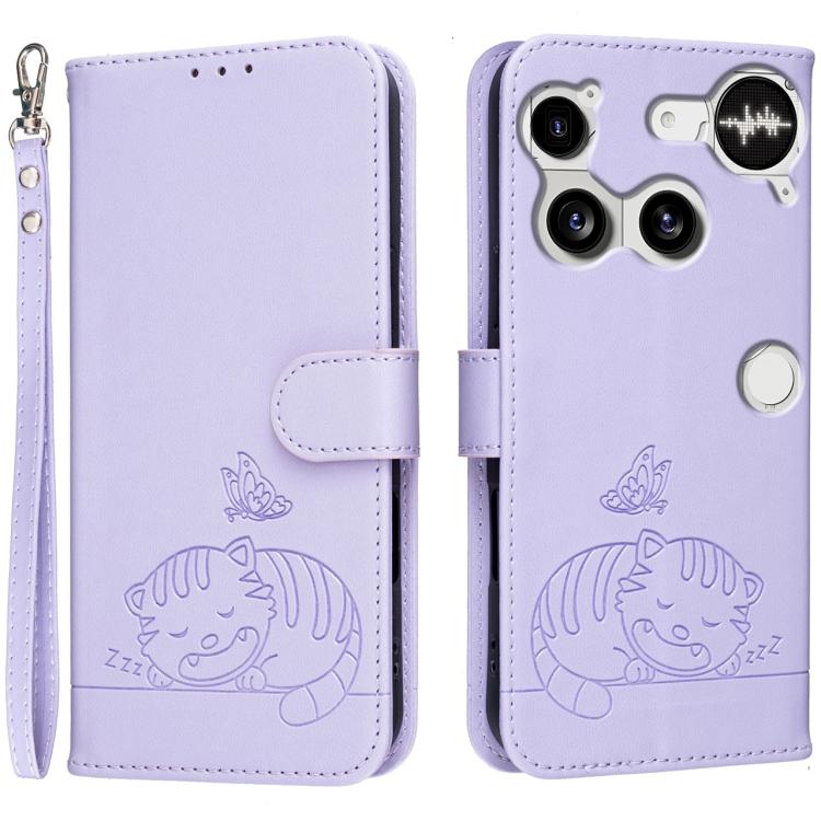 Cat Butterfly Embossed RFID Vegan Leather Phone Case with Strap, For Nothing Phone 4a Pro, For Nothing Phone 4a, For Nothing Phone 3a Lite, For Nothing Phone 3, For Nothing CMF Phone 2 Pro, For Nothing Phone 3a, For Nothing Phone 3a Pro
