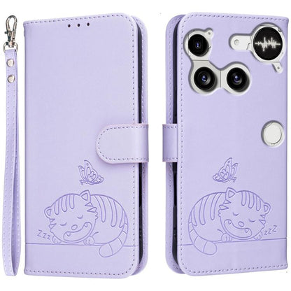 Cat Butterfly Embossed RFID Vegan Leather Phone Case with Strap, For Nothing Phone 4a Pro, For Nothing Phone 4a, For Nothing Phone 3a Lite, For Nothing Phone 3, For Nothing CMF Phone 2 Pro, For Nothing Phone 3a, For Nothing Phone 3a Pro