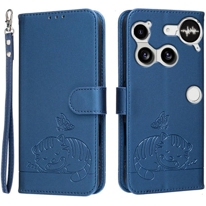 Cat Butterfly Embossed RFID Vegan Leather Phone Case with Strap, For Nothing Phone 4a Pro, For Nothing Phone 4a, For Nothing Phone 3a Lite, For Nothing Phone 3, For Nothing CMF Phone 2 Pro, For Nothing Phone 3a, For Nothing Phone 3a Pro