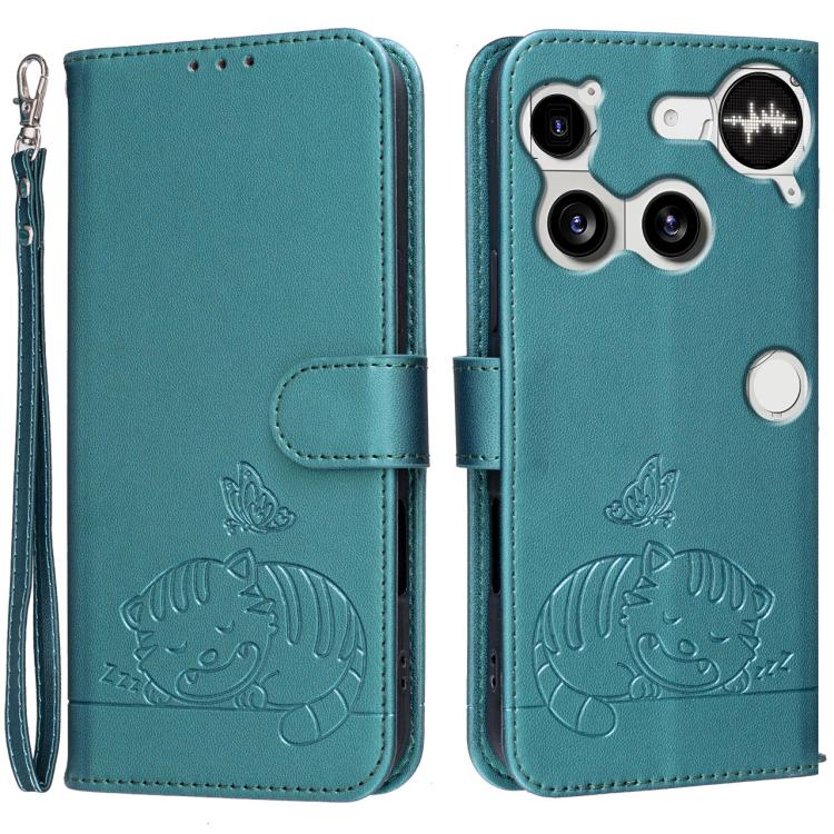 Cat Butterfly Embossed RFID Vegan Leather Phone Case with Strap, For Nothing Phone 4a Pro, For Nothing Phone 4a, For Nothing Phone 3a Lite, For Nothing Phone 3, For Nothing CMF Phone 2 Pro, For Nothing Phone 3a, For Nothing Phone 3a Pro