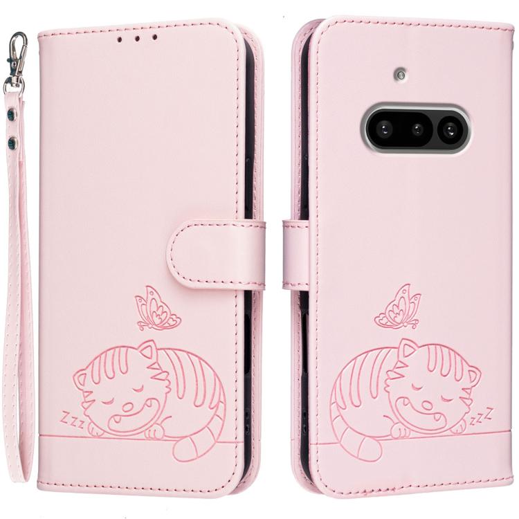 Cat Butterfly Embossed RFID Vegan Leather Phone Case with Strap, For Nothing Phone 4a Pro, For Nothing Phone 4a, For Nothing Phone 3a Lite, For Nothing Phone 3, For Nothing CMF Phone 2 Pro, For Nothing Phone 3a, For Nothing Phone 3a Pro