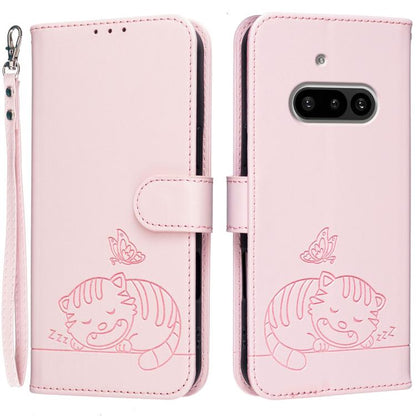 Cat Butterfly Embossed RFID Vegan Leather Phone Case with Strap, For Nothing Phone 4a Pro, For Nothing Phone 4a, For Nothing Phone 3a Lite, For Nothing Phone 3, For Nothing CMF Phone 2 Pro, For Nothing Phone 3a, For Nothing Phone 3a Pro