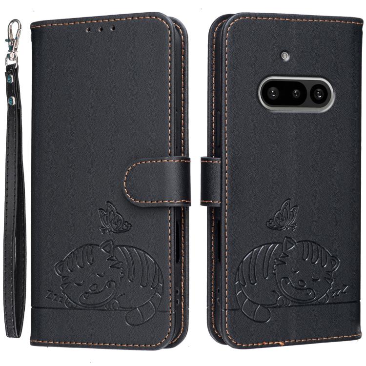 Cat Butterfly Embossed RFID Vegan Leather Phone Case with Strap, For Nothing Phone 4a Pro, For Nothing Phone 4a, For Nothing Phone 3a Lite, For Nothing Phone 3, For Nothing CMF Phone 2 Pro, For Nothing Phone 3a, For Nothing Phone 3a Pro