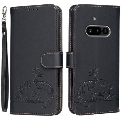 Cat Butterfly Embossed RFID Vegan Leather Phone Case with Strap, For Nothing Phone 4a Pro, For Nothing Phone 4a, For Nothing Phone 3a Lite, For Nothing Phone 3, For Nothing CMF Phone 2 Pro, For Nothing Phone 3a, For Nothing Phone 3a Pro