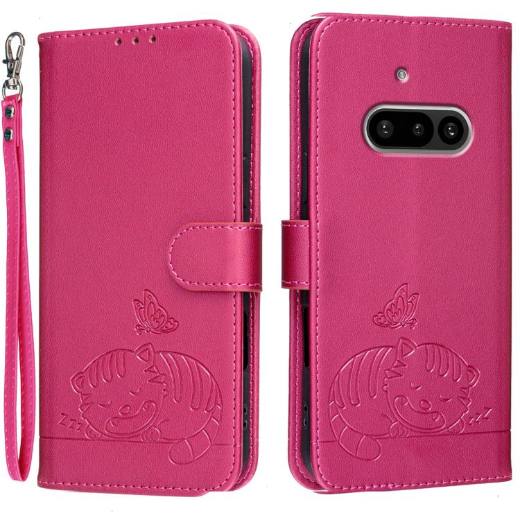 Cat Butterfly Embossed RFID Vegan Leather Phone Case with Strap, For Nothing Phone 4a Pro, For Nothing Phone 4a, For Nothing Phone 3a Lite, For Nothing Phone 3, For Nothing CMF Phone 2 Pro, For Nothing Phone 3a, For Nothing Phone 3a Pro